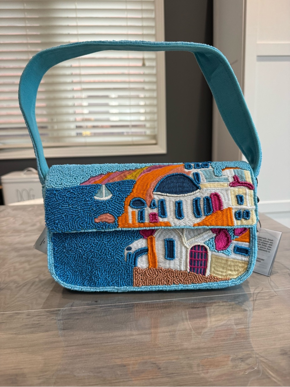Beaded Greece Coastal Scene Shoulder Bag in Turquoise